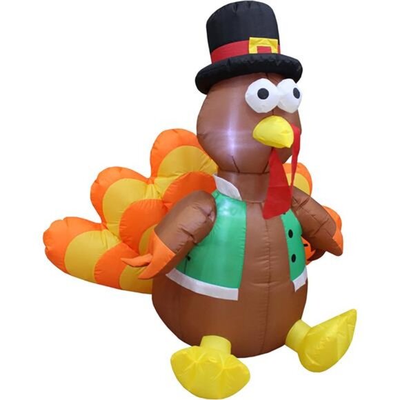 4 Foot Tall Happy Thanksgiving Inflatable Turkey with Pilgrim Hat Perfect - Picture 2 of 7